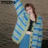 Women's Knits Blue Sweet Striped Cardigan Women Knit Coat Loose Long Sleeve Top Warm Soft Mohair High Street Korean Fashion Autumn Winter