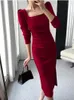 Casual Dresses Summer Spring Elegant BodyCon Midi Dress Fashion Office Lady Long Sleeves Solid Color Robe Simple Slim Party Clothes