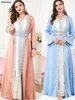 Ethnic Clothing Moroccan Women's Dress 2024 Elegant Muslim 2 Pieces Set Floral Embroidery Guipure Lace Tape Belted Kaftan Happy Eid Mubarak