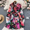 Vestidos casuais aelewell primavera verão runway rosa boho vestido curto feminino laço longo lanterna manga floral impressão praia chiffon a537