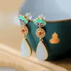Dangle Earrings S925 Sterling Silver Inlaid Natural Hetian Jade Small Water Drop Retro Ruyi Stud Elegant Chinese Style Ladies'