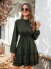 Casual Dresses Dark Green Leopard Tiered Flounce Mini Dress For Women Sexy Mock Neck Long Sleeve Party 2024 Spring Autumn Female