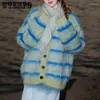 Women's Knits Blue Sweet Striped Cardigan Women Knit Coat Loose Long Sleeve Top Warm Soft Mohair High Street Korean Fashion Autumn Winter