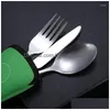 Dinnerware Sets 3Pcs/Set Portable Printed Stainless Steel Spoon Fork Steak Knife Set Travel Cutlery Tableware With Bag Drop Delivery Dhoko