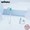 スタッドイヤリングWOSTU 925スターリングシルバーデューロップイヤークリップアアチェーン青緑色の透明なガラス