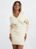 Casual Dresses Women Sweater Dress Long Sleeve V-neck Hollowed Solid Slim Fit Bodycon Fall Mini