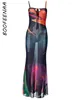 Casual Dresses BOOFEENAA Resort Wear Print Mesh Sexy See Through Halter Maxi Summer Dress Women 2024 Beach Vacation Outfits C85-CG15