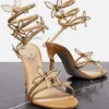 Rhinestone Snake Strass Stiletto Sandaler Rene Caovilla Cleo 9,5 cm Evening Shoes Womens High Heels Ankel Wraparound Luxury Designer Factory Shoe Flowers 43