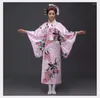 Scenkläder blå traditionella kvinnor satin kimono yukata med obi performance dance klänning japansk cosplay kostym blomma en storlek 715-17