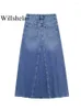 Jupes Willshela Femmes Mode Denim Bleu Front Zipper Midi Jupe Vintage Taille Haute Femme Chic Lady Longue