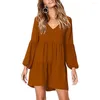 Casual Dresses Long-sleeved Pleated Dress Elegant V-neck Long Sleeve For Wear Solid Color Loose Comfortable Summer Women Any