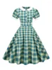 Vestidos de festa Tonval Penter-Pan Collar Botão Frente Verde Xadrez Rockabilly Vintage para Mulheres Cintura Alta Elegante Vestido A-Line