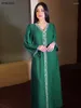 Abbigliamento etnico Abito musulmano Donna Strass Tinta unita Scollo a V Lungo Jalabya Arabo Dubai Oman Qatar Abaya turco Caftano marocchino