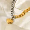 Cadena de acero inoxidable chapada en oro de 18K personalizada para uso diario pulsera en forma de corazón con empalme de cadena plana cubana de color medio acero