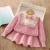 Clothing Sets 2024 Girls Autumn Dress Bow Korean Edition Children's Set Baby Foreigner Knitted Cardigan Two Piece 2-8 Year Old Top And Bot