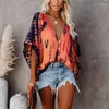 Women's Blouses Summer Fashion Oversized Deep V-neck Shirt Tie Dye Vintage Print Button Batwing Sleeve Top Female Casual Loose Cardigan