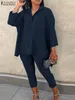 レディースツーピースパンツザンゼアファッション女性2PCSパンツセットバギーのソリッドトップスと衣装カジュアルデイリー3/4スリーブロングブラウスペンシル
