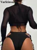 Kvinnors badkläder 3 datorer Mesh Sheer Long Sleeve Strappy Bikini Kvinnliga baddräkt Kvinnor Three-Piece Set Bather Bathing Swim V4282