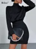 Casual Dresses Bclout Black Satin For Women 2024 Lace-Up Sexy Backless Party Dress Elegant Long Sleeve Stand Collar Mini Spring