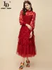 Casual Dresses Ld Linda Della Runway Designer Summer Dress Mesh Lantern Sleeve Lace Ruffle Trim-Hem High midje Big Swing Red Party Long Long