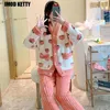 Women's Sleepwear Korean Pyjamas Warm Night Wear Strawberry Print Women Pajamas Set Winter Fleece Velvet 2 Pieces Home Suit Sleep Fluffy