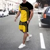 hommes 3D lettre ligne épissage vacances en plein air décontracté street wear col rond à manches courtes t-shirt shorts sport ensemble de 2 pièces 240201