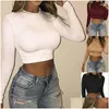 T-shirts Femmes Femmes T-shirt Femmes Y T-shirts courts Silm Fit Solide Couleur Crop Tops Automne Femme T-shirts de base Mode à manches longues