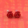 Orecchini a bottone alla moda celebrano la buona fortuna rossa in Cina rose corallo pietra S925 gioielli in argento sterling per le donne