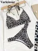 Traje de baño para mujer Sexy Strappy Halter Leopard Bikini Mujeres Traje de baño femenino Conjunto de dos piezas Acolchado Bañista Traje de baño Nadar V4181