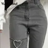 Amor metal cinza mulheres jenas cintura alta flares calças moda y2k vintage bonito doce casual 2000s e menina roupas femininas 240201