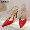 Eilyken markası sivri uçlu Slingback kadın pompalar kristal zincir toka kayış parti balo elbisesi ince yüksek topuk sandalet ayakkabı 240129