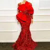 Party Dresses Nigerian Red Lace Evening For Women Long Sleeves Bow Appliques Plus Size Prom Dress Aso Ebi Dubai Formal Gowns