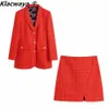 Klacwaya Women Fashion Twopiece Set Vintage Print Lining Tweed Blazer Coat Memale Slit Mini Skirt Chic Suit 240202