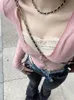 Koreansk modeskörd topp kvinnor spring långärmad stickad t -shirt ulzzang söt söt rosa spetsläckverk smala y2k estetiska tees 240201