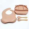 4 pièces enfants Silicone assiette ensemble dessin animé ours bol fourchette cuillère alimentation vaisselle 240131