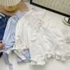 Bluzki damskie japońskie topy z uprawy krótkiego rękawu kobiety lolita koreańskie koszule swobodne eleganckie ubrania 2024 Summe słodkie białe marszczenia kawaii