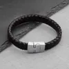 Charme pulseiras preto tecido pulseira de couro genuíno aço inoxidável estilo punk fecho magnético artesanal trançado acessórios simples para homens