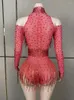 Bühne Tragen Stil Rot Sparkly Strass Frauen Bodysuit Sexy Bar Party Quaste Anzug Singen Leistung Nachtclub Show Outfit