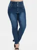 Jeans de talla grande para mujeres pantalones de mezclilla con alto contenido de alimentación para un botón de estilo grande de curva craque de cintura frontal OUC078 240202