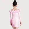 Stage Wear Pink Latin Dance Dress Girls ChaCha Competition Costume Off-Shoulder Bodysuit Skirt Tango Salsa Dancing Practice DL10124