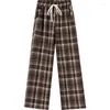 Calças femininas vintage xadrez perna larga 2024 primavera outono cintura alta solta calças retas harajuku senhoras casual sweatpants