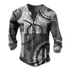 Vintage Mens TShirt Imitation Cotton Tees Geometic Line 3d Printed Long Sleeve Henley Shirt Top Oversize Men Clothing Pullover 240130