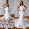 Gorgeous Lace Mermaid Wedding Dresses Bride Gown Spaghetti Straps Applique Sweep Train Covered Buttons Custom Made Plus Size vestido de novia