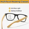 Lunettes de soleil Tendance de la mode Lunettes de lecture multifocales Anti-lumière bleue Femmes Hommes Jambes en bois Ordinateur NearFar Sight Presbyopia Lunettes