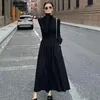 Herbst Hepburn Stil Frauen Kleid Hohe Taille Elegante Schwarz Midi Kleid Mode Koreanische Halb Hohe Kragen Langarm A Linie kleid 240122