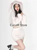 Werkjurken Wit Lolita Kawaii Tweedelige set Dames Pluizig Casual Koreaanse stijl Schattig Rokpak Top met capuchon Zoet Mini 2024 Chic