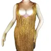 Stage Wear Sparkly Gold Franges Femmes Longue Robe Discothèque Bar Show DJ Chanteur Performance Justaucorps Fête D'anniversaire Soirée Costume De Bal