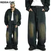 REDDACHiC Jeans larghi da uomo a pieghe lavati verdi di grandi dimensioni con vita regolabile anni '90 Pantaloni larghi Y2k vintage Pantaloni hip-hop Abbigliamento da lavoro casual 240122
