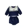 Kläderuppsättningar i Autumn Kids Baby Girls Full Sleeve Naval Leader Bear Top T-shirts Solid Shorts Toddler Spädbarn Bomull Set 2 st