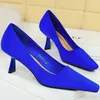 Korean Version 6cm High Heels Black Blue Pumps Stiletto Lady Escarpins Flock Wedding Bridal Party Shallow Elegant Fashion Shoes 240119